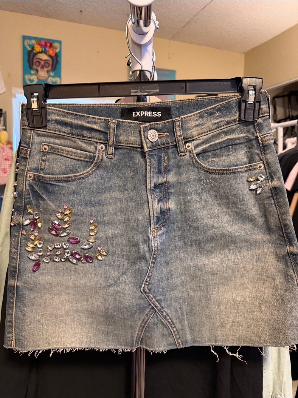 Express Denim Mini Skirt with Multicolor Gem Accents